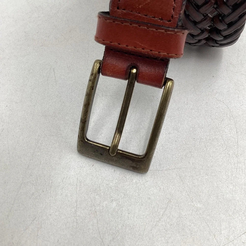 Dockers Mens Braided Woven Belt Brown Leather Tab Brass Buckle 48 120 17D00408